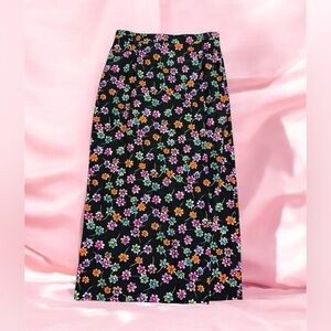 Floral Black Wrap Around Skirt Long Vintage Size 12